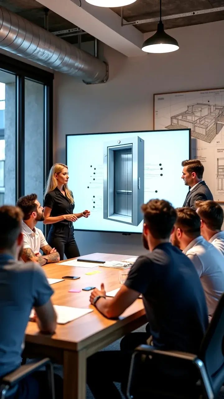 Eine Business Meeting Situation, bei welcher eine Architektin vor einer Computervisualisierung eines Aufzuges vorträgt.