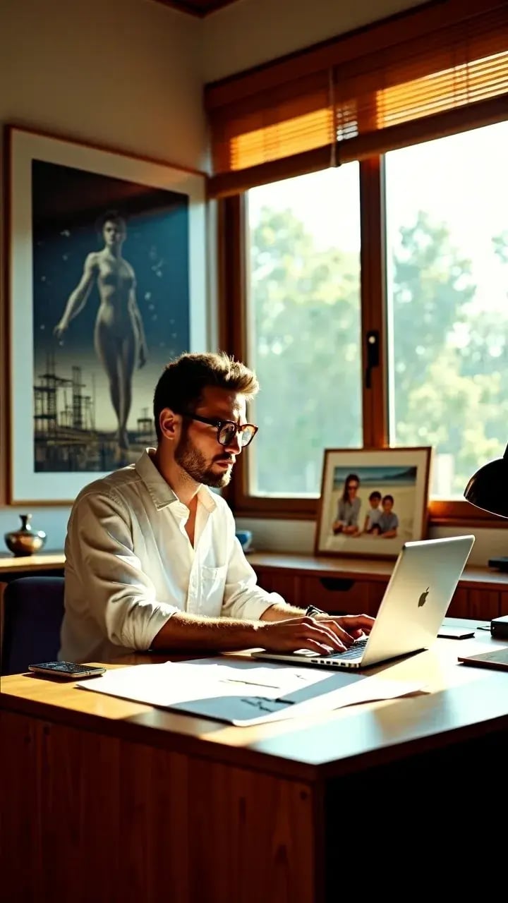 Ein junger Mann mit Brille sitzt in seinem Mid-Century-Büro vor dem Laptop.