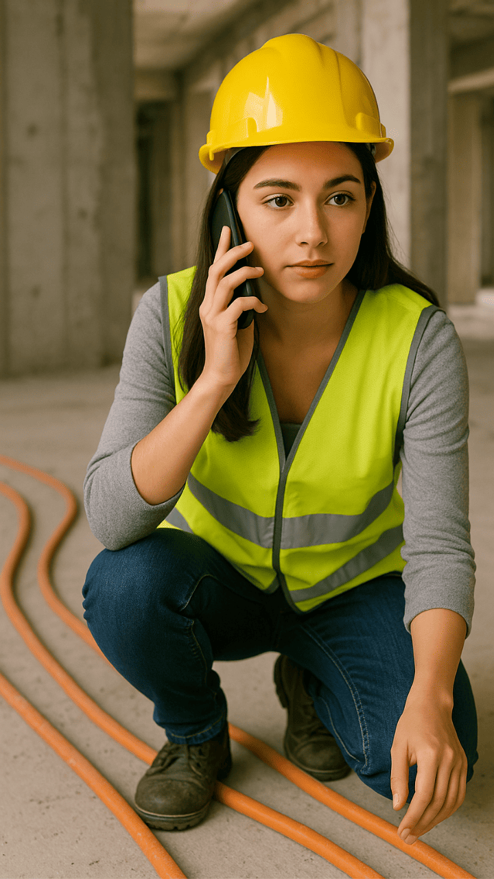Eine Projektleiterin auf der Baustelle stellt fest, dass die Leitungsführungen noch vorhanden sind.