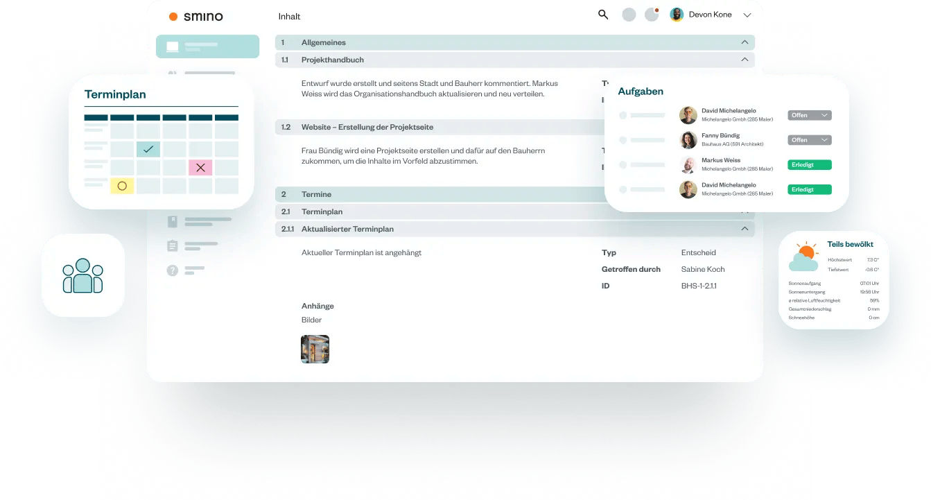 Screenshots vom smino Tool, die versetzt voneinander über dem Hintergrund schweben.